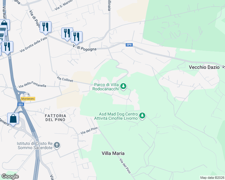 map of restaurants, bars, coffee shops, grocery stores, and more near 112 Via Collinet in Livorno