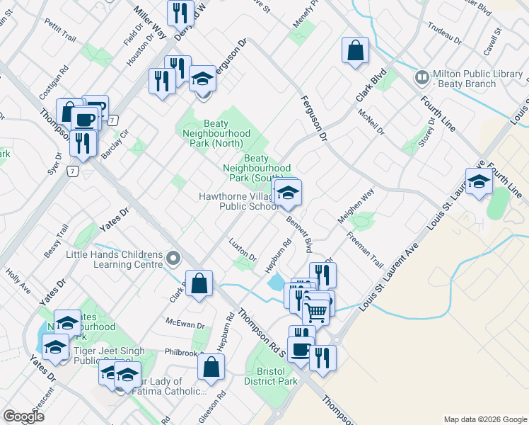map of restaurants, bars, coffee shops, grocery stores, and more near 1149 Barr Crescent in Milton