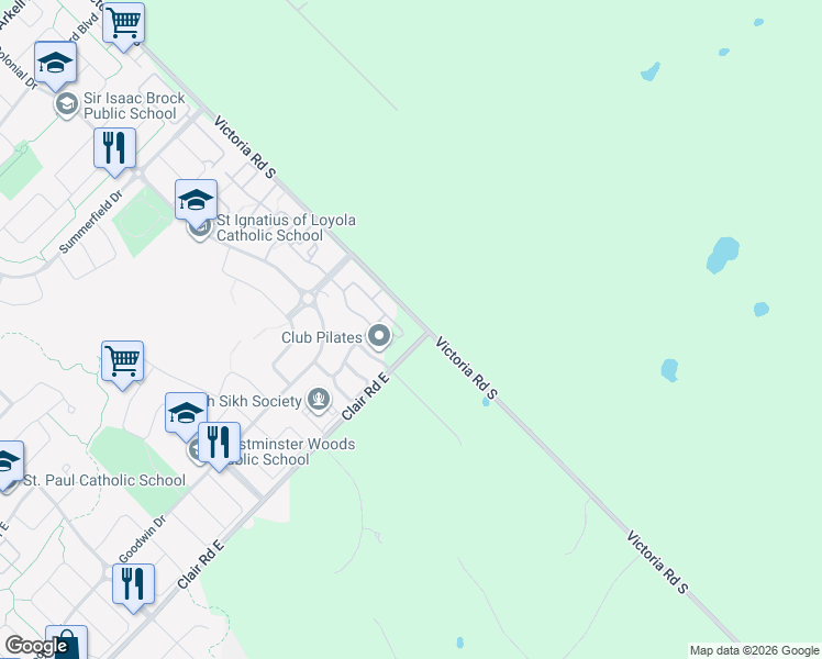 map of restaurants, bars, coffee shops, grocery stores, and more near 35 Kingsbury Square in Guelph