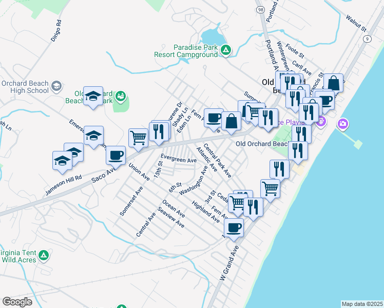 map of restaurants, bars, coffee shops, grocery stores, and more near 4 Pine Avenue in Old Orchard Beach