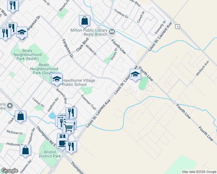 map of restaurants, bars, coffee shops, grocery stores, and more near Ellenton Crescent in Milton