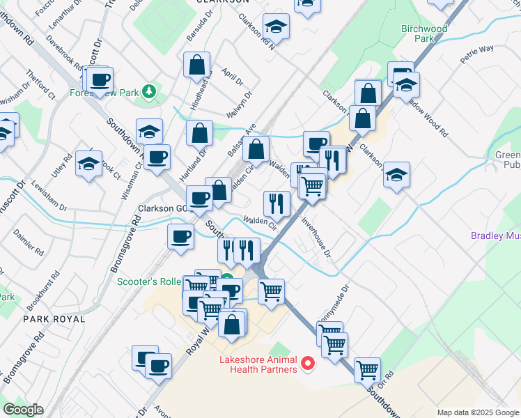 map of restaurants, bars, coffee shops, grocery stores, and more near 1400 Walden Circle in Mississauga