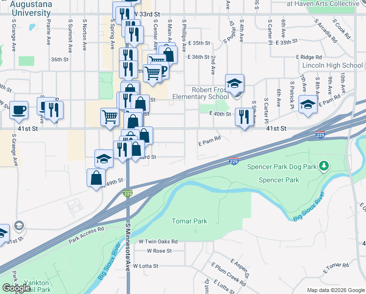 map of restaurants, bars, coffee shops, grocery stores, and more near 3400-3500 South Phillips Avenue in Sioux Falls