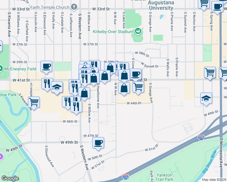 map of restaurants, bars, coffee shops, grocery stores, and more near 3504 South Glendale Avenue in Sioux Falls
