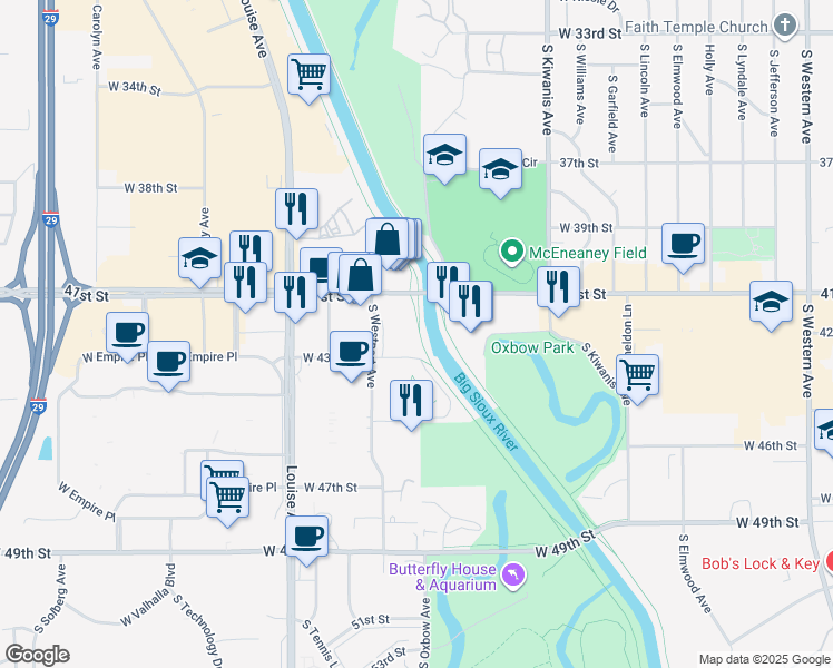 map of restaurants, bars, coffee shops, grocery stores, and more near 3270 West 43rd Street in Sioux Falls