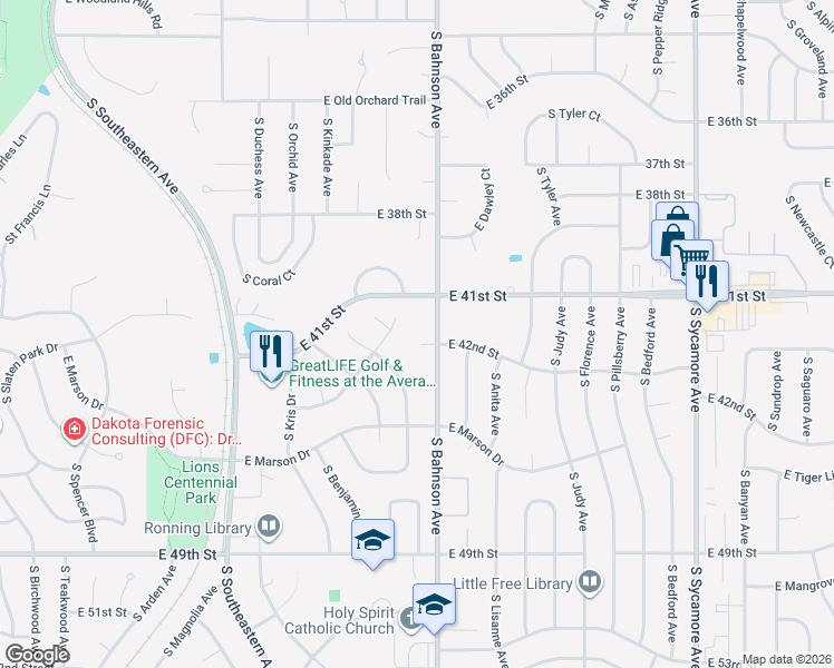 map of restaurants, bars, coffee shops, grocery stores, and more near 3404 East Bahnson Circle in Sioux Falls