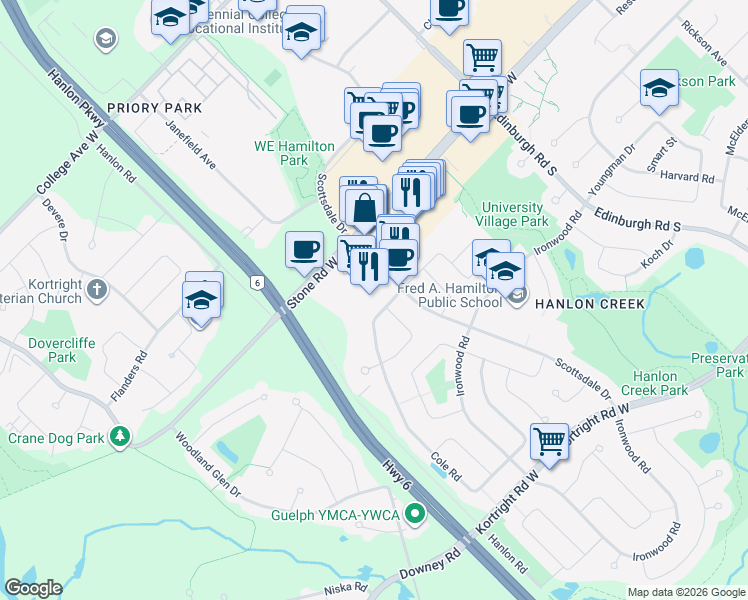 map of restaurants, bars, coffee shops, grocery stores, and more near 649 Scottsdale Drive in Guelph