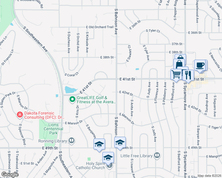 map of restaurants, bars, coffee shops, grocery stores, and more near 3404 East Bahnson Circle in Sioux Falls