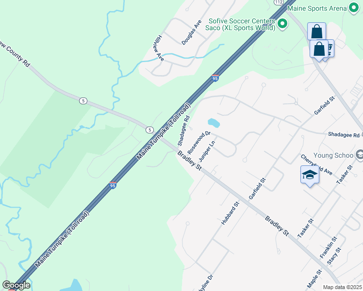 map of restaurants, bars, coffee shops, grocery stores, and more near 96 Shadagee Road in Saco