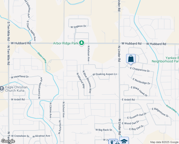 map of restaurants, bars, coffee shops, grocery stores, and more near 545 West Nannyberry Place in Kuna