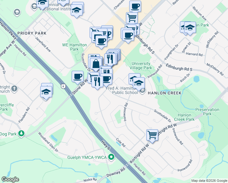 map of restaurants, bars, coffee shops, grocery stores, and more near 700 Scottsdale Drive in Guelph