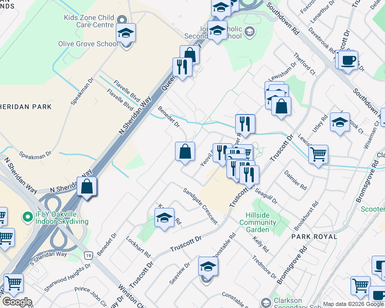 map of restaurants, bars, coffee shops, grocery stores, and more near Padstow Crescent in Mississauga
