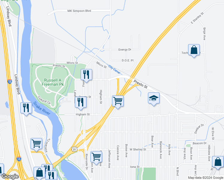 map of restaurants, bars, coffee shops, grocery stores, and more near 1430 Jefferson Avenue in Idaho Falls