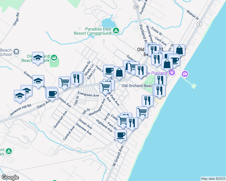 map of restaurants, bars, coffee shops, grocery stores, and more near in Old Orchard Beach