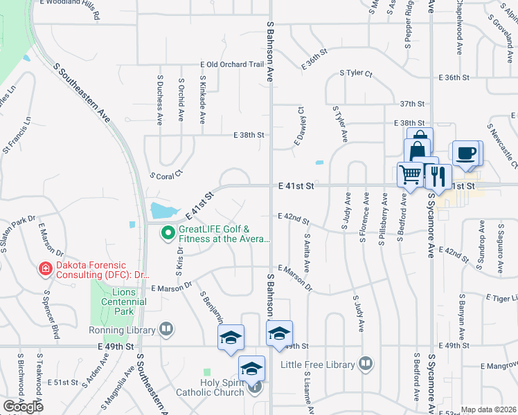 map of restaurants, bars, coffee shops, grocery stores, and more near 3404-3408 East Bahnson Circle in Sioux Falls