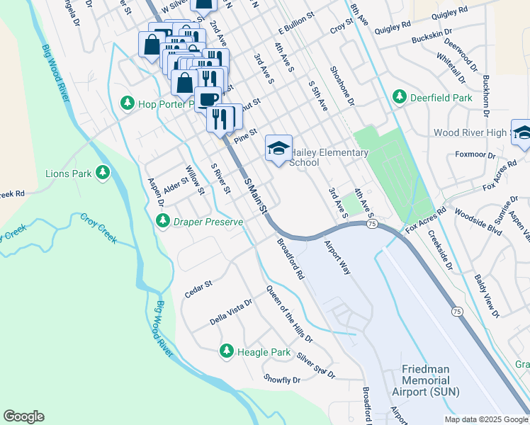 map of restaurants, bars, coffee shops, grocery stores, and more near 706 South Main Street in Hailey