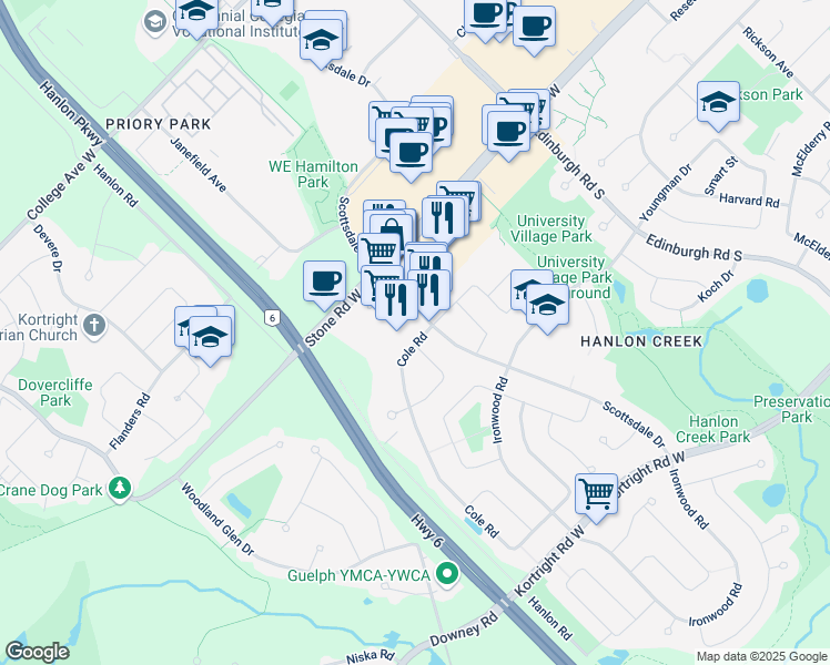 map of restaurants, bars, coffee shops, grocery stores, and more near 2 Aspen Valley Crescent in Guelph