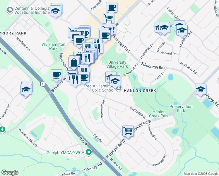 map of restaurants, bars, coffee shops, grocery stores, and more near in Guelph