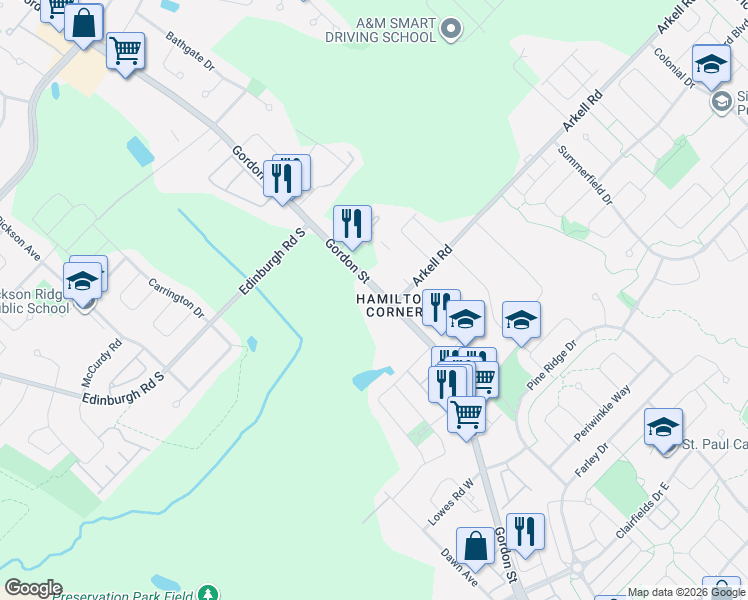map of restaurants, bars, coffee shops, grocery stores, and more near 1291 Gordon Street in Guelph