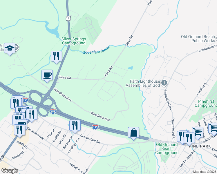 map of restaurants, bars, coffee shops, grocery stores, and more near 12 Bridle Way in Saco