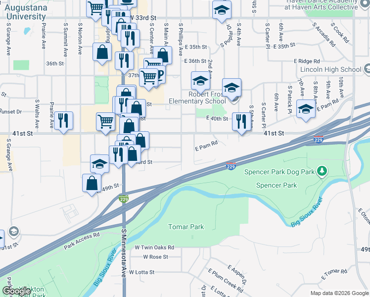 map of restaurants, bars, coffee shops, grocery stores, and more near 3400 South Phillips Avenue in Sioux Falls