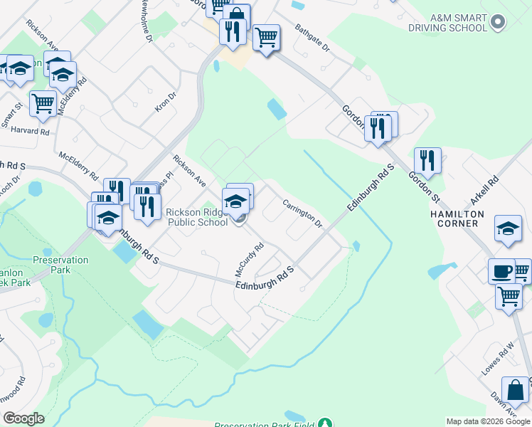map of restaurants, bars, coffee shops, grocery stores, and more near 18 Geddes Crescent in Guelph