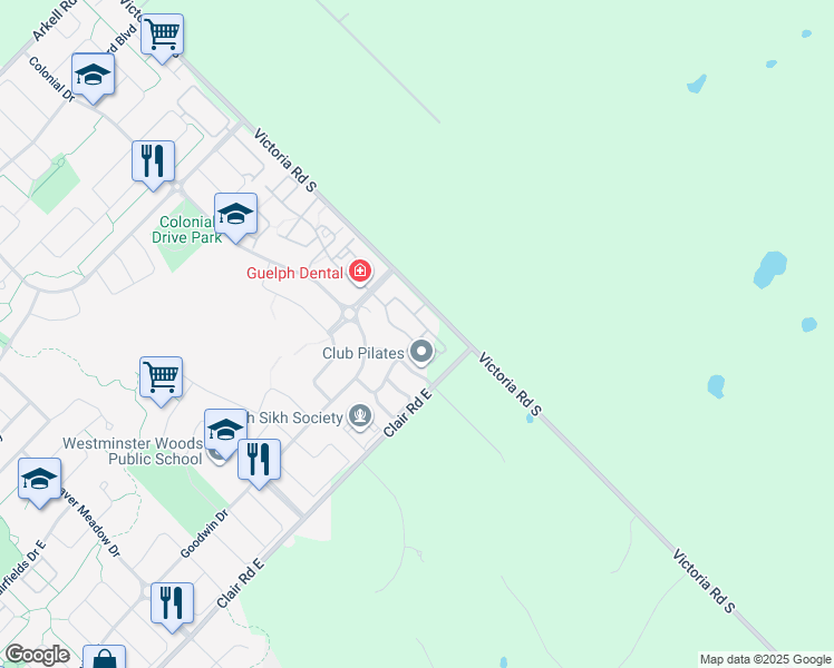 map of restaurants, bars, coffee shops, grocery stores, and more near 23 Kingsbury Square in Guelph