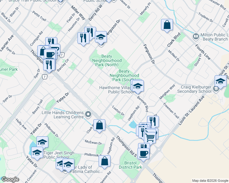 map of restaurants, bars, coffee shops, grocery stores, and more near 1152 Riddell Crescent in Milton