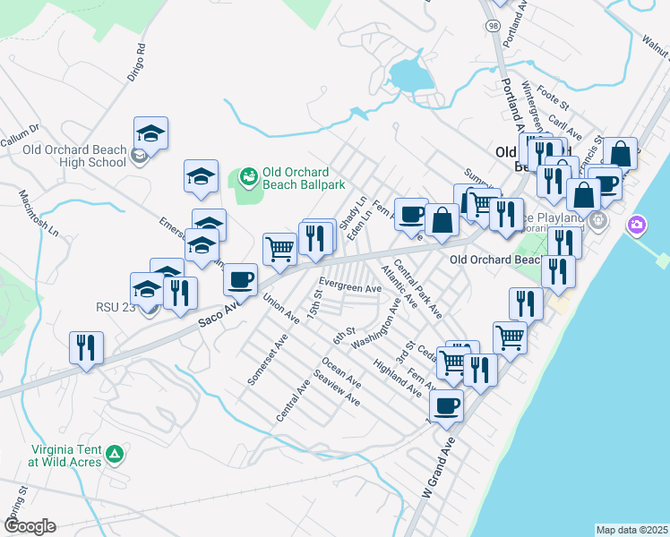 map of restaurants, bars, coffee shops, grocery stores, and more near 11 16th Street in Old Orchard Beach