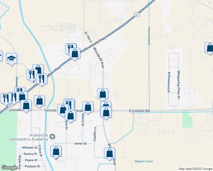 map of restaurants, bars, coffee shops, grocery stores, and more near 1930 North Woodruff Avenue in Idaho Falls