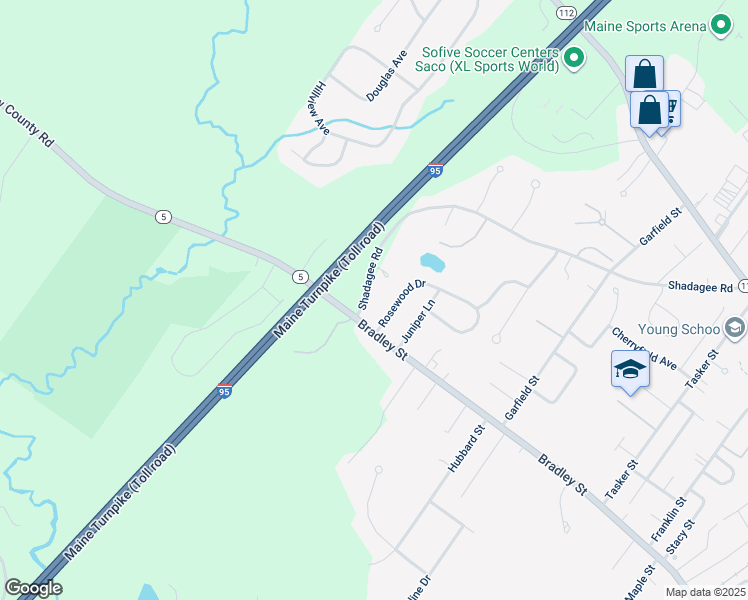 map of restaurants, bars, coffee shops, grocery stores, and more near 96 Shadagee Road in Saco