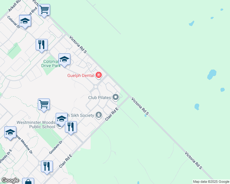 map of restaurants, bars, coffee shops, grocery stores, and more near 23 Kingsbury Square in Guelph