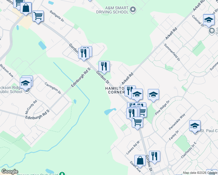 map of restaurants, bars, coffee shops, grocery stores, and more near 1291 Gordon Street in Guelph