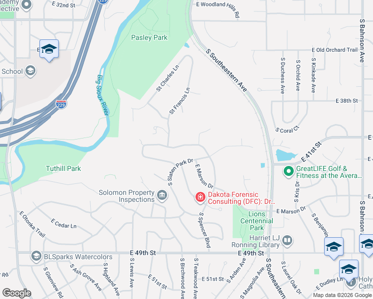 map of restaurants, bars, coffee shops, grocery stores, and more near 3611 South Slaten Park Drive in Sioux Falls