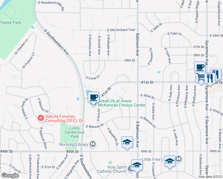 map of restaurants, bars, coffee shops, grocery stores, and more near 3400 South Jesse James Circle in Sioux Falls