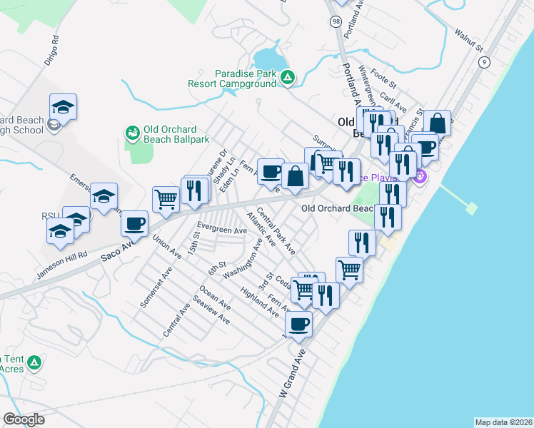 map of restaurants, bars, coffee shops, grocery stores, and more near in Old Orchard Beach