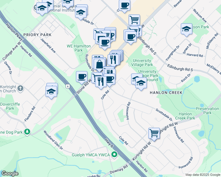 map of restaurants, bars, coffee shops, grocery stores, and more near Scottsdale Drive & Cole Road in Guelph