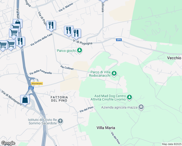 map of restaurants, bars, coffee shops, grocery stores, and more near 80 Via Collinet in Livorno