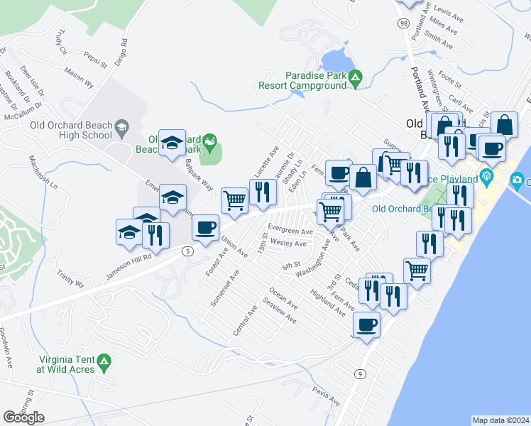 map of restaurants, bars, coffee shops, grocery stores, and more near 11 16th Street in Old Orchard Beach