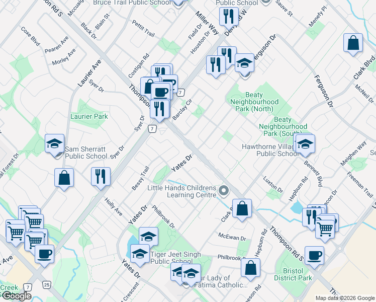 map of restaurants, bars, coffee shops, grocery stores, and more near 674 Thompson Road South in Milton