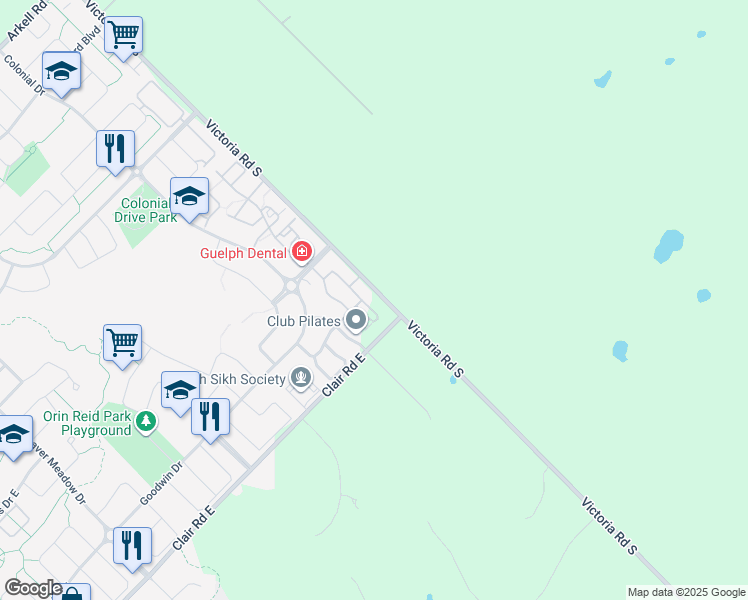 map of restaurants, bars, coffee shops, grocery stores, and more near 45 Kingsbury Square in Guelph
