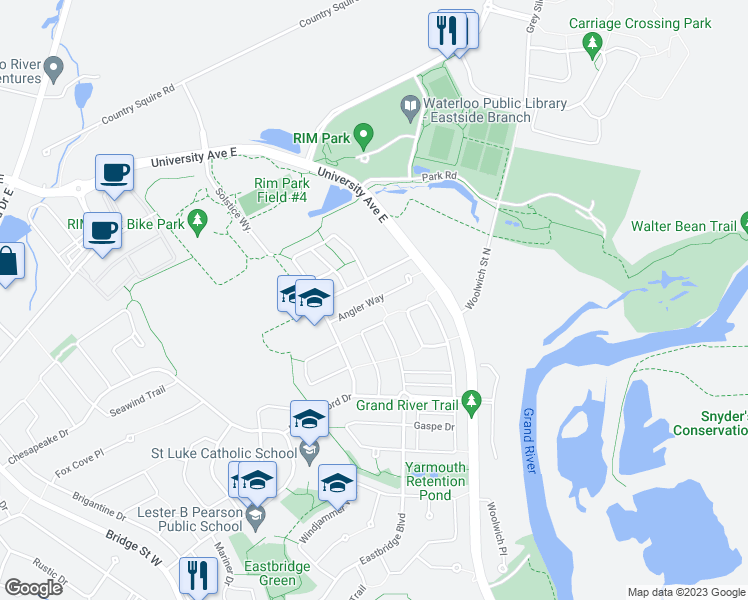 map of restaurants, bars, coffee shops, grocery stores, and more near 742 Angler Way in Waterloo