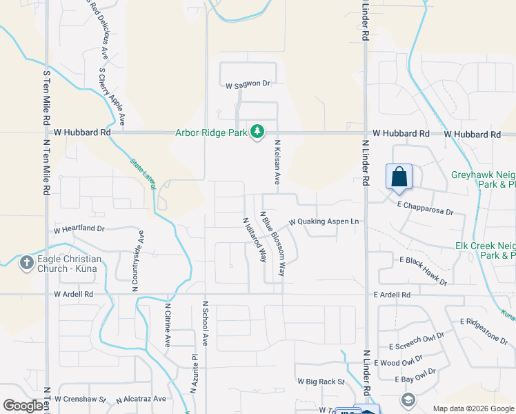 map of restaurants, bars, coffee shops, grocery stores, and more near 2485 North Blue Blossom Way in Kuna
