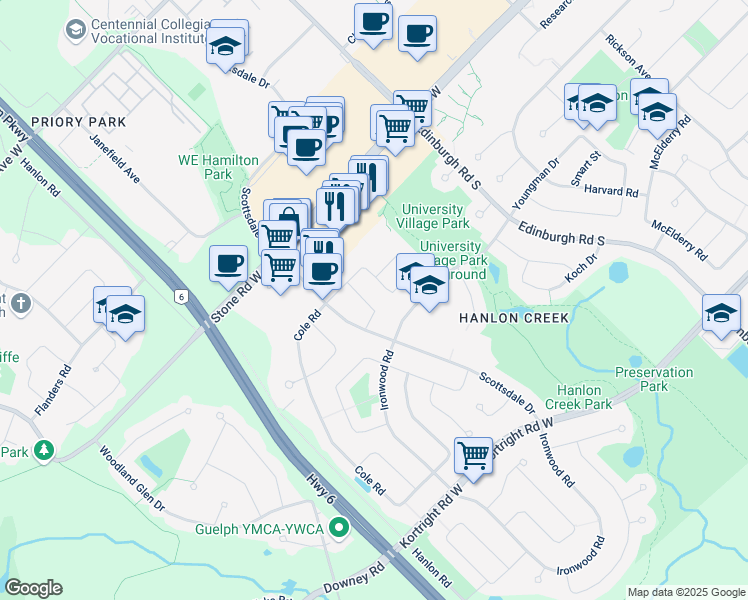 map of restaurants, bars, coffee shops, grocery stores, and more near 20 Whispering Ridge Drive in Guelph