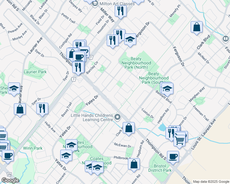 map of restaurants, bars, coffee shops, grocery stores, and more near 718 Irving Terrace in Milton