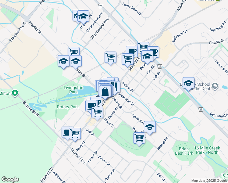 map of restaurants, bars, coffee shops, grocery stores, and more near 244 Main Street East in Milton