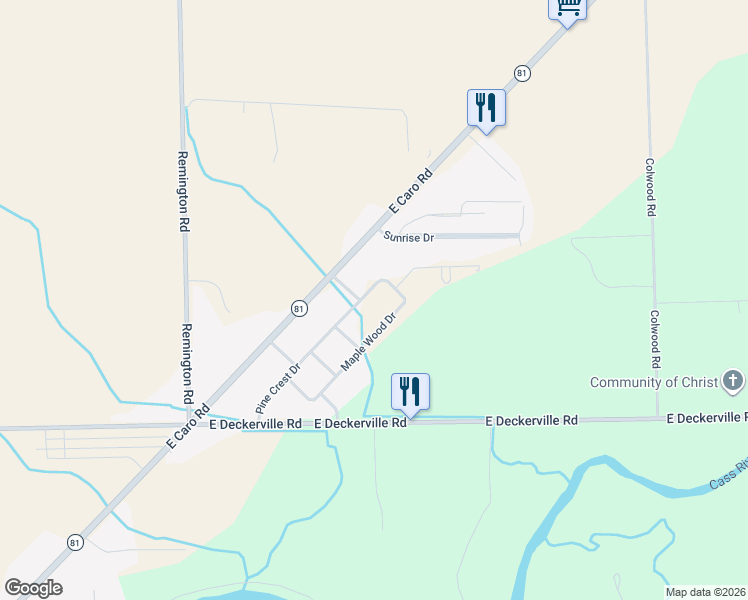 map of restaurants, bars, coffee shops, grocery stores, and more near 1634 Maple Wood Drive in Caro