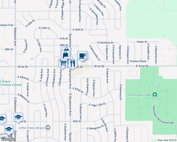 map of restaurants, bars, coffee shops, grocery stores, and more near 3301-3399 S Goldenrod Ln in Sioux Falls