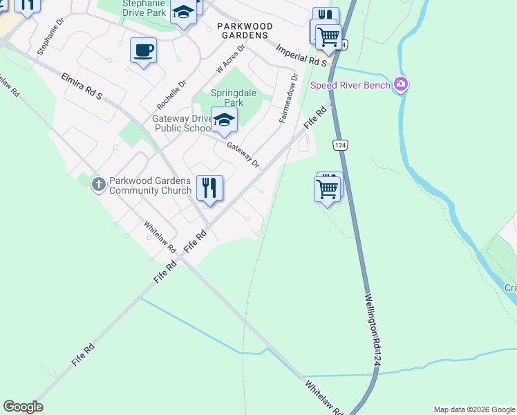 map of restaurants, bars, coffee shops, grocery stores, and more near 158 Fife Road in Guelph