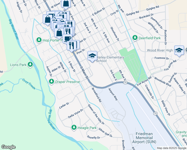 map of restaurants, bars, coffee shops, grocery stores, and more near 21 Maple Street in Hailey